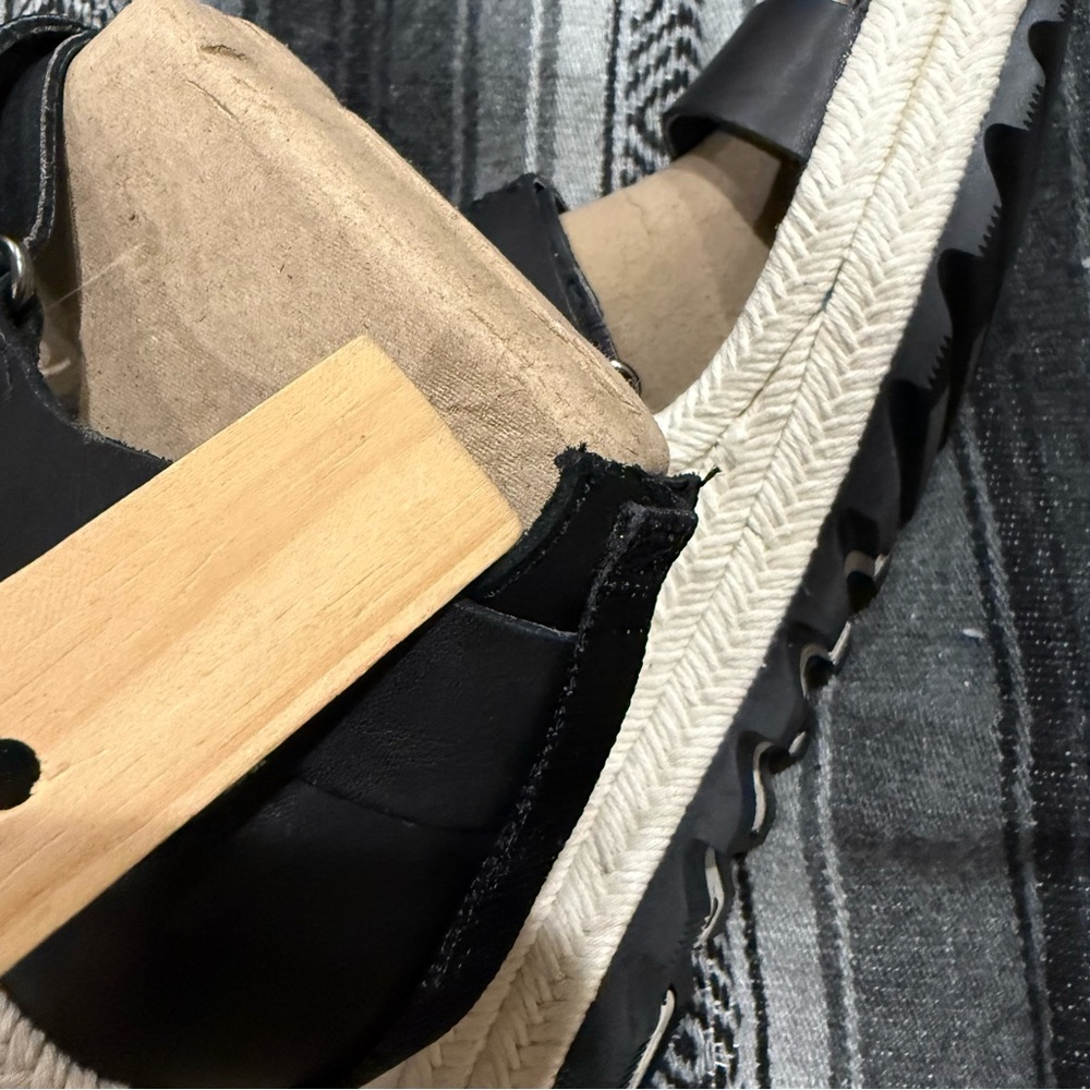 Sorel Black Leather Espadrille Wedge Sandals with Cream Rope Sole - Picture 9 of 11